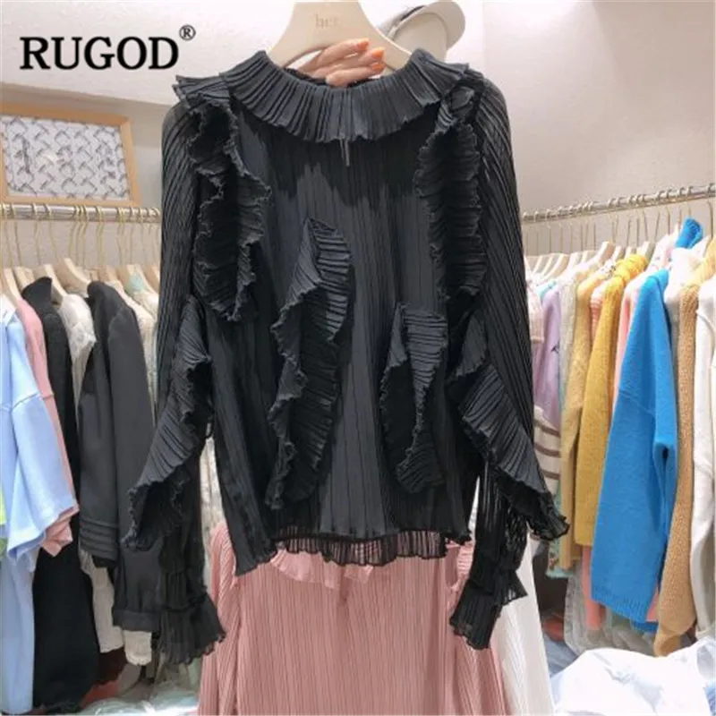 RUGOD Flare рукавом шифон для женщин Блузка модные однотонные оборками круглый средства ухода за кожей шеи рубашки для мальчиков женский весн