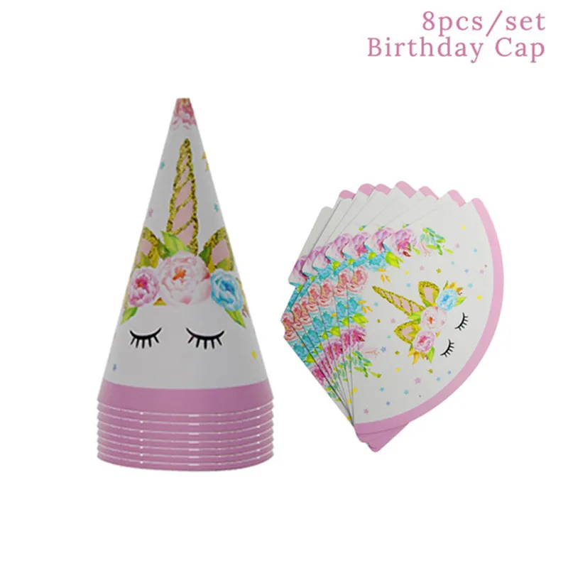 8pcs hat Вечерние принадлежности с единорогом, набор посуды, скатерть с единорогом, бумажная салфетка для чашек, баннеров, топпер для торта, свадебные украшения для детского душа - Цвет: 8pcs hat