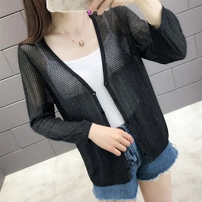 Fashion 2019 New spring and summer V-collar hollow thin bright light silk iced hemp knitted women's cardigan |