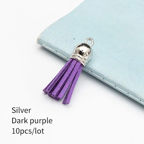 Silver Dark purple 10 штук 35 мм кожаные подвески с кисточками из искусственной замши с шапками для брелоков, ремешки для ключей, аксессуары для самостоятельного изготовления, многоцветные - Цвет: Silver Dark purple