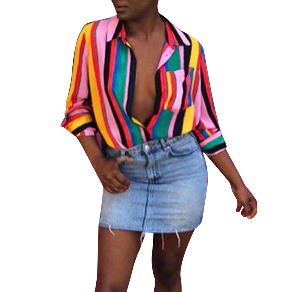 S-2XL women turn-down collar long sleeve tops shirt floral print striped autumn spring casual leisure | Женская одежда