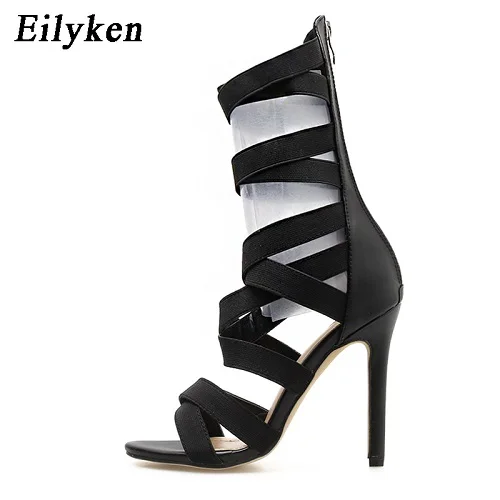 Black Eilyken модные босоножки-гладиаторы на высоком каблуке, сапоги из эластичного материала, женские сандалии, сексуальные женские сапоги на молнии, Для женщин в римском стиле, с открытым носком сапоги на шпильках обувь для вечеринок - Цвет: Black