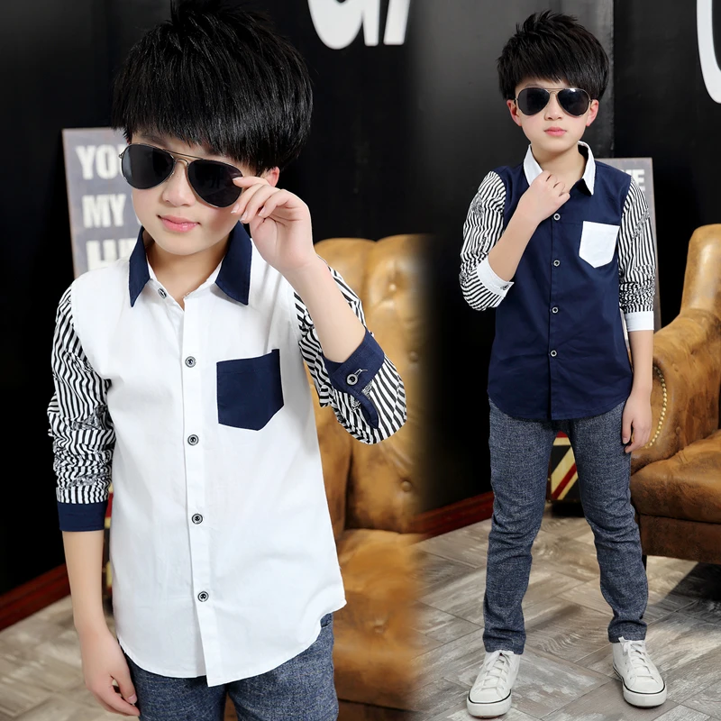 Коллекция 2017 года Осенняя детская одежда рубашки для мальчиков полосатые с
