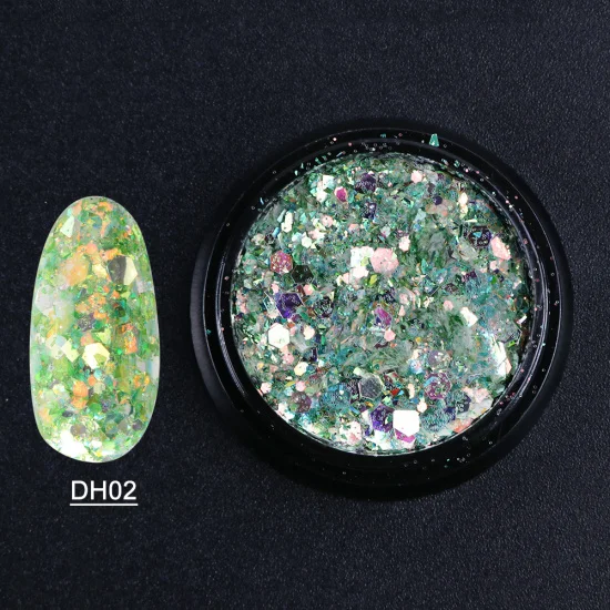 DH02 1 коробка Holo дизайн ногтей блестки хлопья Русалка шестиугольник Блестки Блестящий Порошок хромового пигмента для геля украшения ногтей кончик CHDH01-11 - Цвет: DH02
