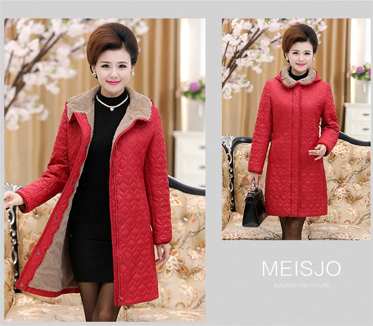 Women Parkas Thick Jacket Winter Coat Long Middle-aged Hooded Warm Cotton Outwear Plus Size 4XL Elderly Mom Padded Velvet Coats