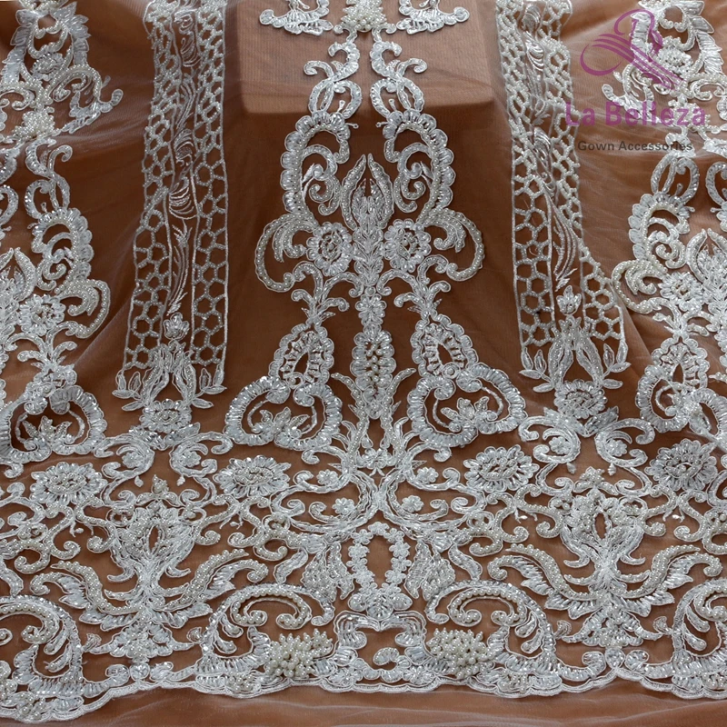 La Belleza слоновой кости тяжелый ручной работы бисером свадебное платье кружевной ткани 51 ''ширина FHZG130WT