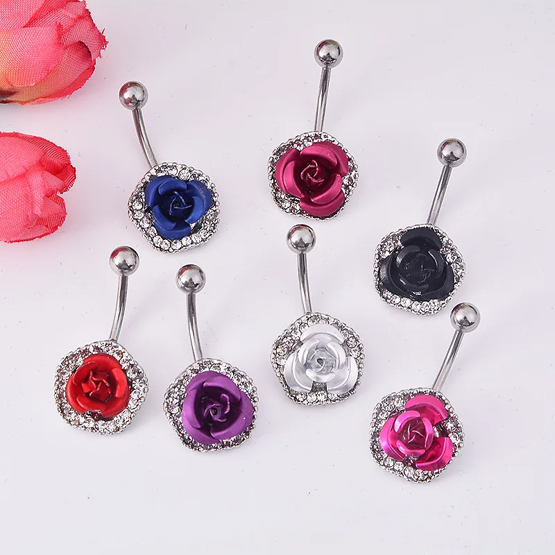 Сексуальная Кристалл Стразы Роуз Цветок Живота Пупка Кольцо Пирсинг Украшения