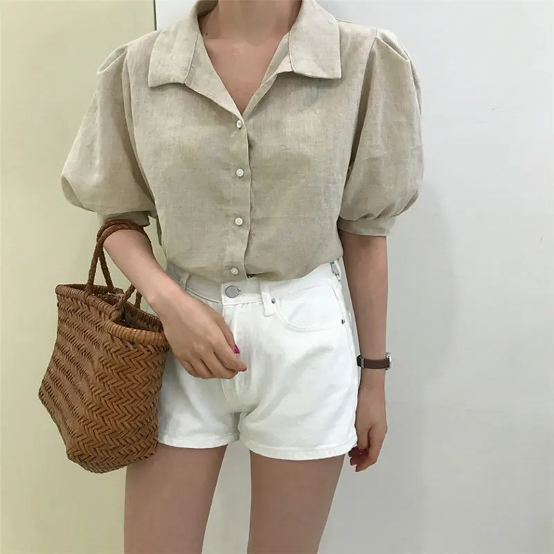 APRICOT HziriP в гонконгском стиле, шикарные,, летние, свежие, пышные, с коротким рукавом, удобные, свободные, простые, повседневные, милые Рубашки, Топы, 2 цвета - Цвет: APRICOT