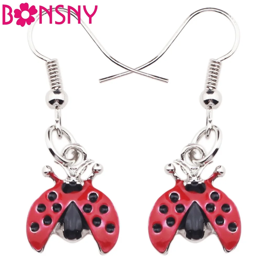 Серьги Bonsny из сплава эмалированные с милым жуком насекомое божья коровка большие