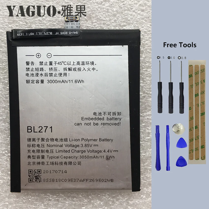 

2019 Original Battery 3050Mah BL271 Replacement for Lenovo Edge Z2 X Z2X ZUK Smart Mobile Phone + Free Tools