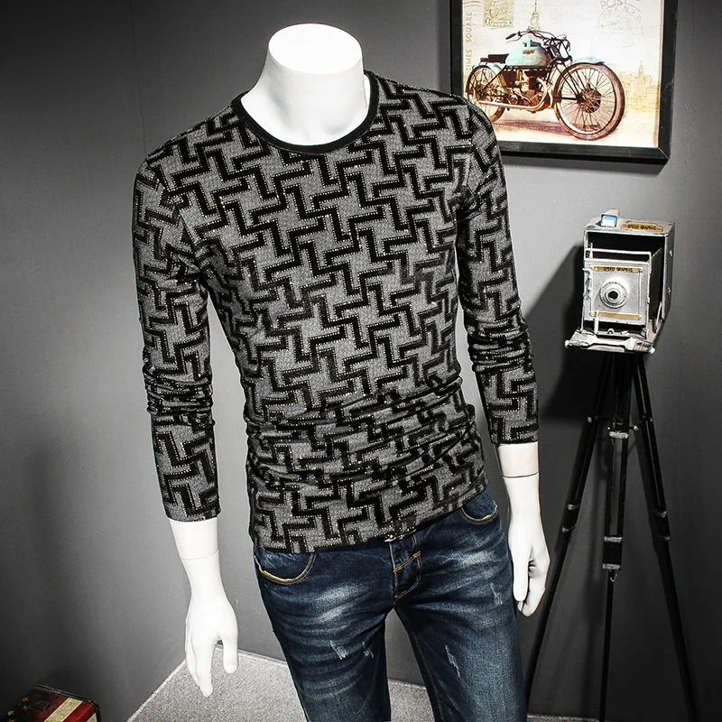 Новинка осень 2017 Мужская модная футболка с длинными рукавами и принтом золотого