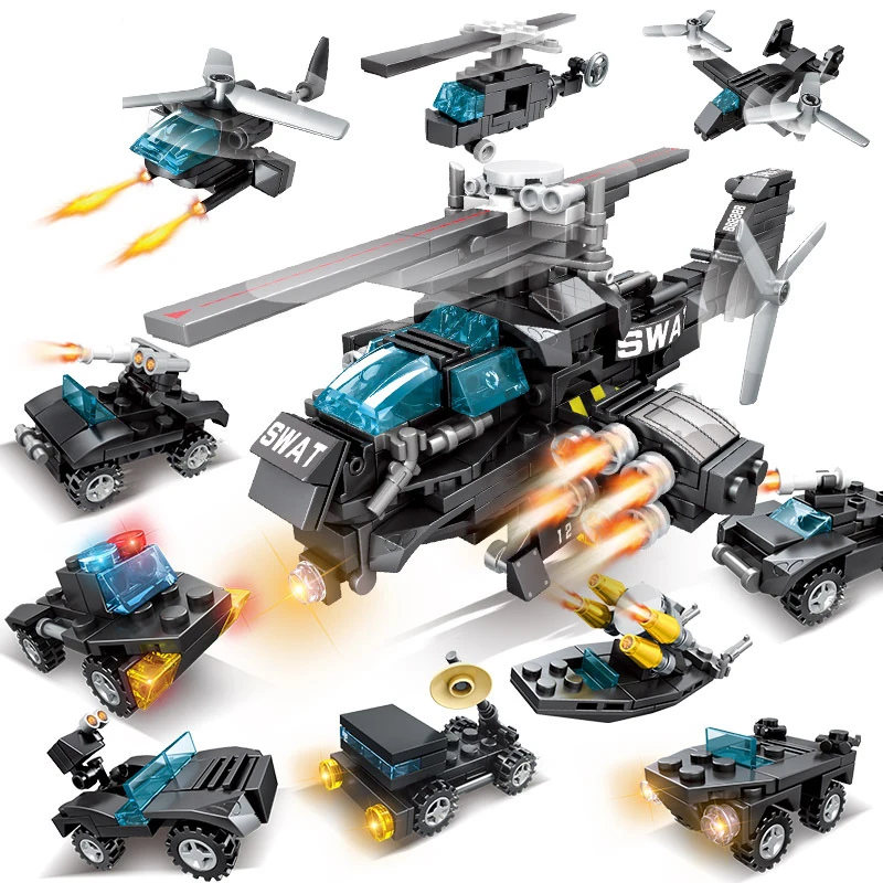 

New 10 in 1 SWAT Team Transport Helicopter fit SWAT Military City Police figures Building Blocks bricks Kid Gift Toys