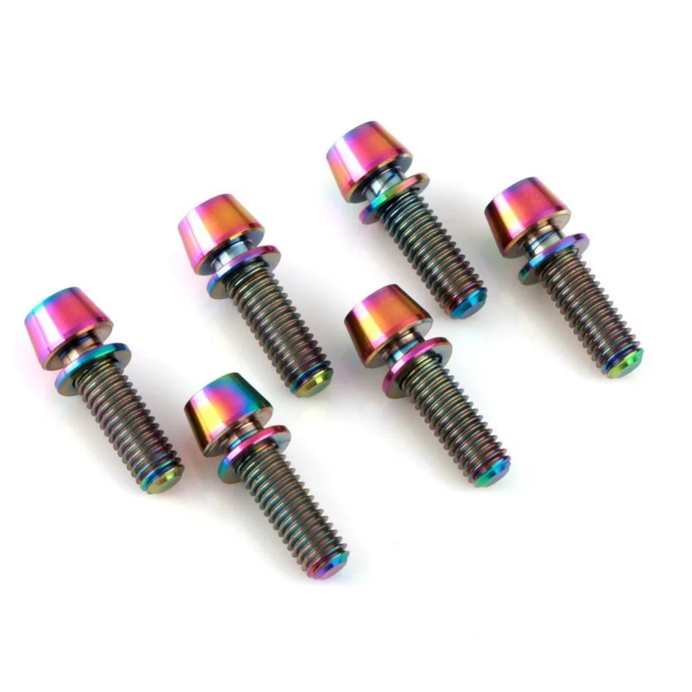 6Pcs Titanium Ti Hex Bike Stem Bolts Taper Head Screw Bicycle Conical with Washers M5x16mm Bolt Accessories |