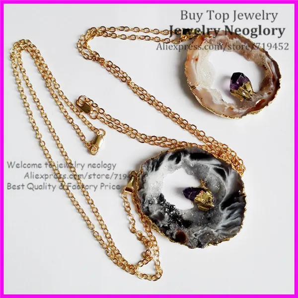 

5 шт. натуральный жеод камень срез Друза кулон ожерелье, с покрытыем цвета чистого 24 каратного золота Цвет Край Druzy с леопардовым принтом камень кулон с украшением в виде кристаллов в середине