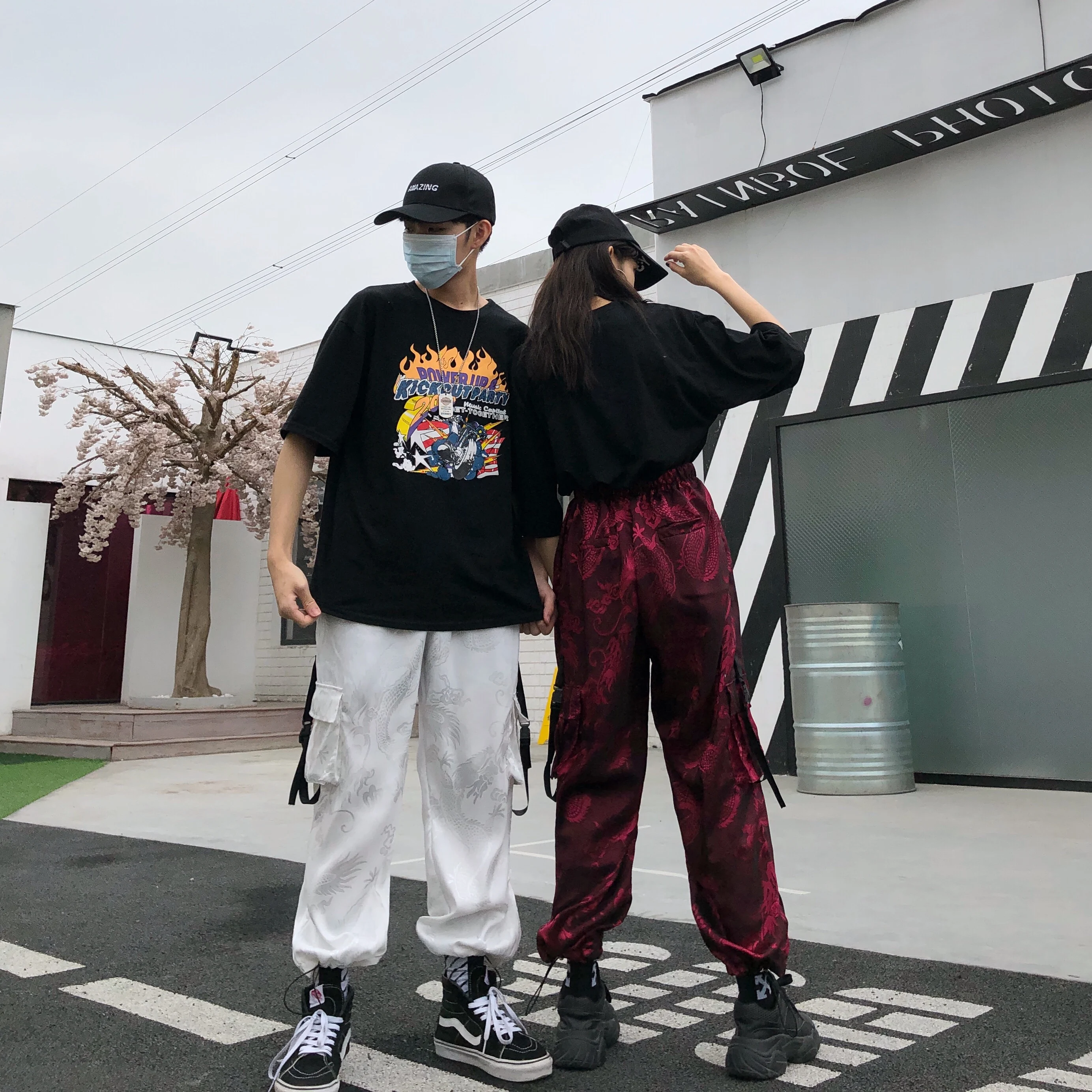 Уличная одежда Новинка ulzzang Корейская Парная женская с карманами узор дракона