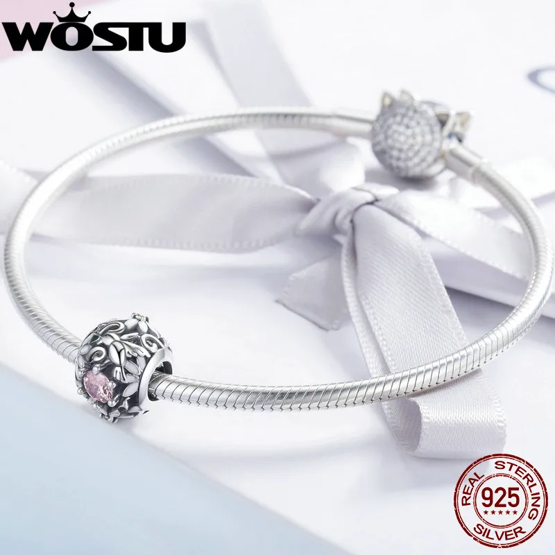 WOSTU 925 пробы Серебряный цветок кусты, Розовый CZ Шарм бусины для оригинального DIY браслет ювелирных изделий Аксессуары подарок CQC939