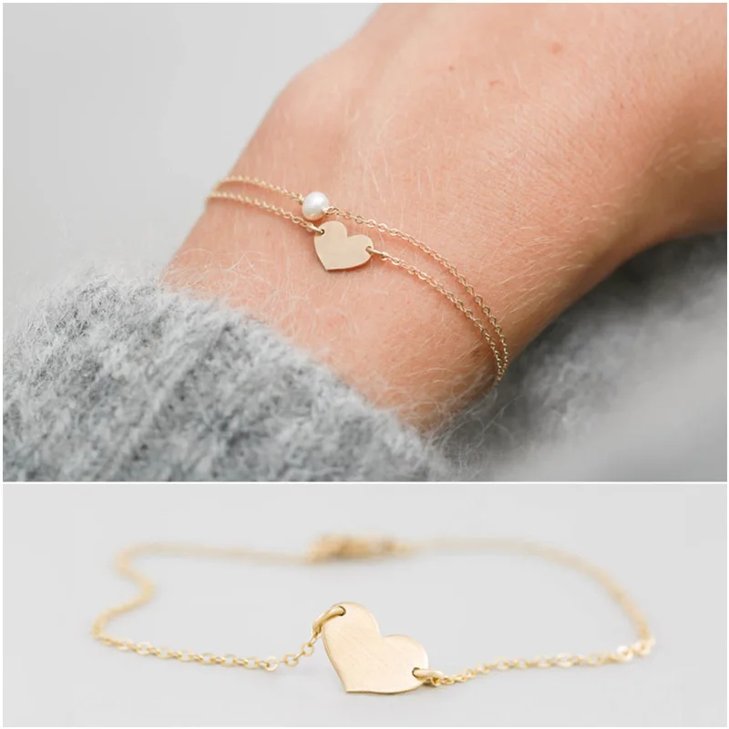 

2pcs/set Cute Romantic Love Heart Bracelet Gold Chain Pearl Charm Bracelets for Women Hand Jewelry