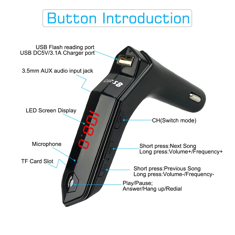 Беспроводной Bluetooth FM трансмиттер 4 в 1 автомобильный комплект с модулятором S8 + AUX