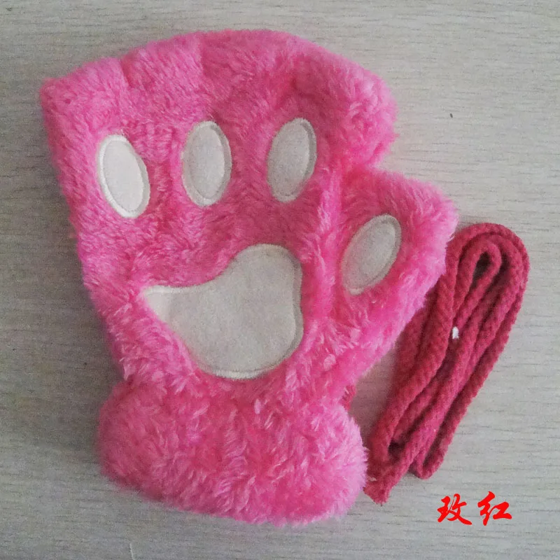 Winter cute cartoon cat girl mitt thickening fluff bear paw half finger gloves G22 - Цвет: Rose Red