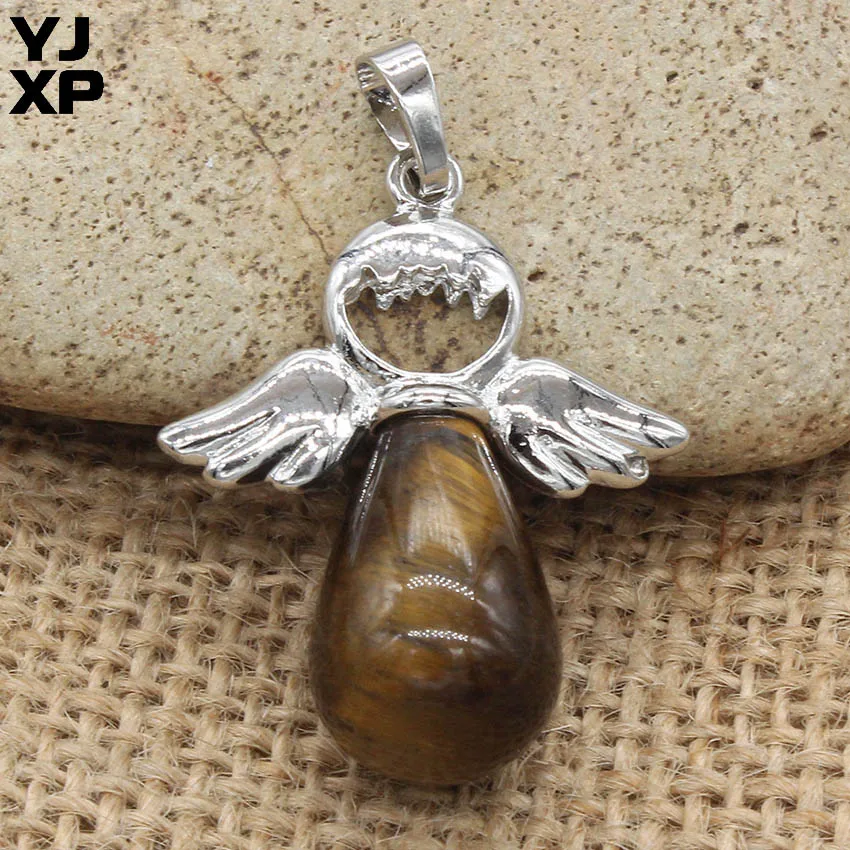 Tiger Eye Stone YJXP Подвески с крыльями ангела в форме капли воды натуральный камень аметисты розовый Quartzs милые Подвески ювелирные изделия ожерелья подходит - Окраска металла: Tiger Eye Stone
