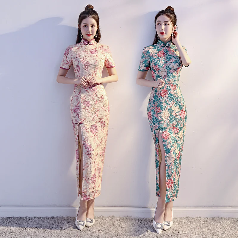 

New 2018 Summer Long Cheongsam Vintage Chinese style Dress Womens Lace Qipao Slim Party Dresses Button Vestido Size S-XXL