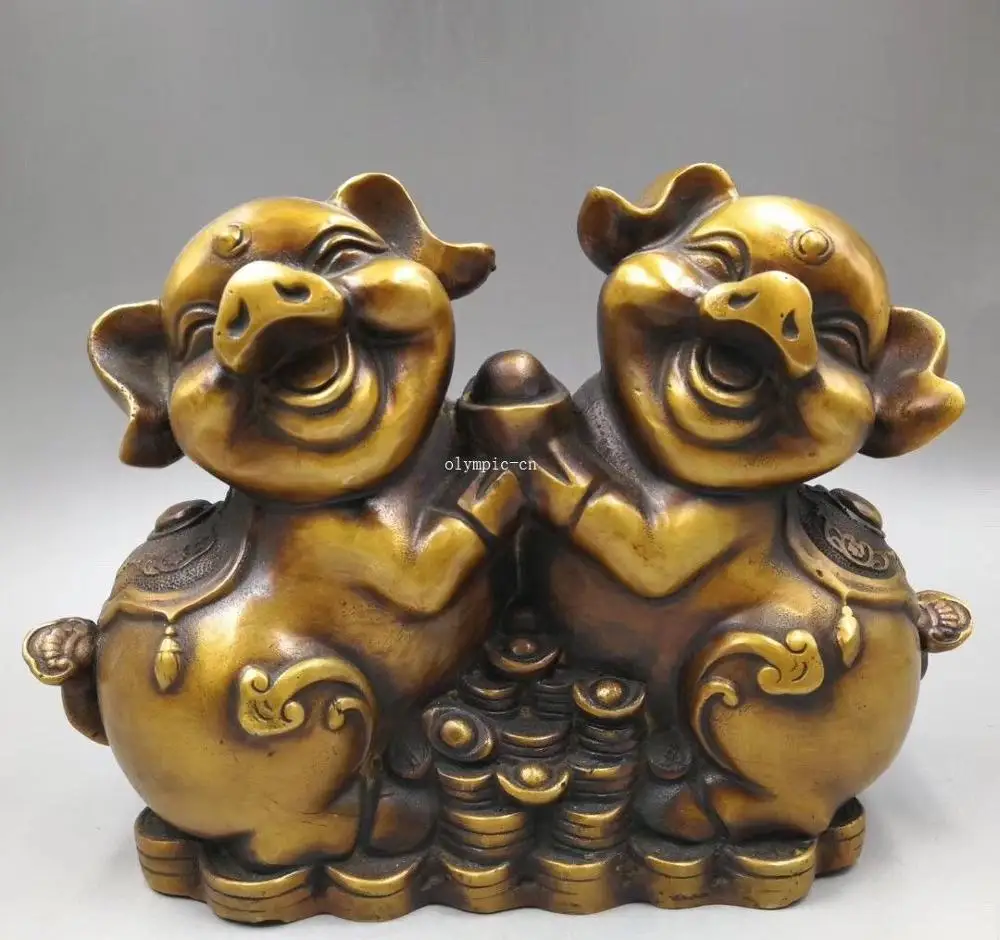 

9'' classical brass copper carved treasure fortune both pig statue