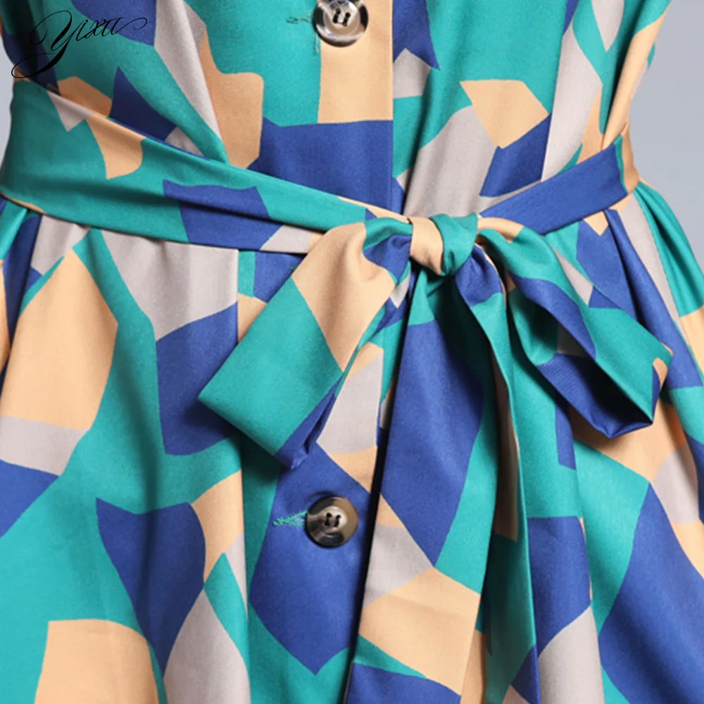 

Vintage Print Woman Loose Dress Short Sleeve Ladies Shirt Dress Single Breasted Female Casual Dress Geometric Printed Dresses