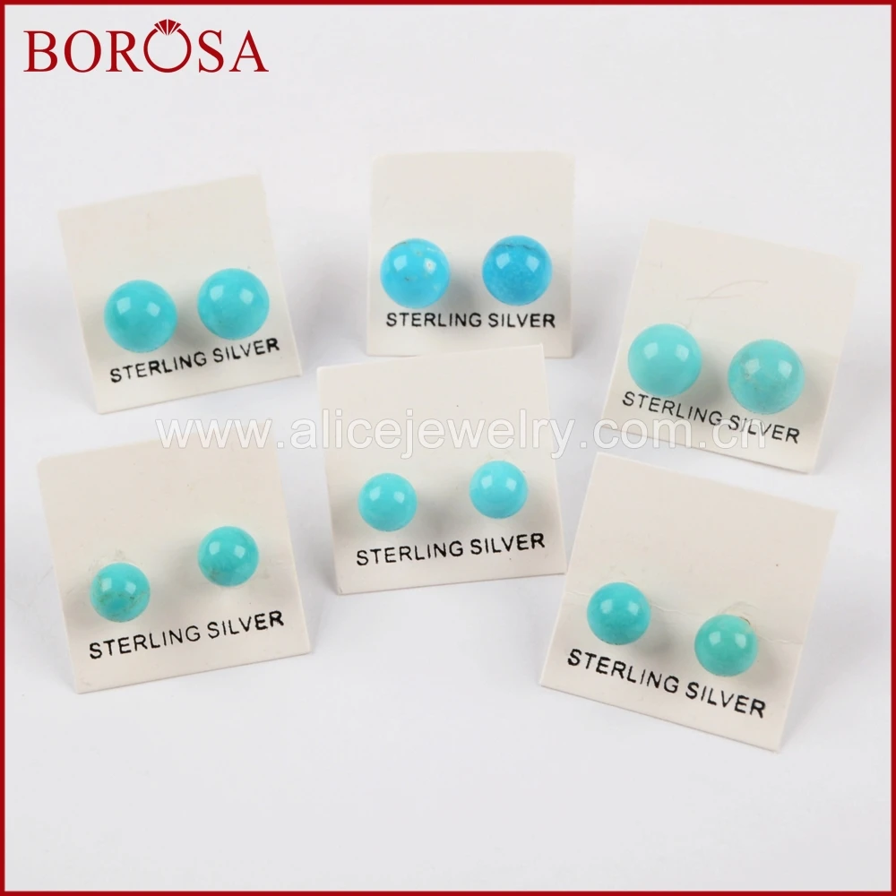 Модные серьги гвоздики BOROSA из чистого серебра 100% натуральная бирюза 92.5%
