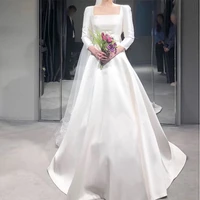 simple wedding dresses with three quarter length sleeves square collar 2019 wedding gowns white ivory fantasy korea bridal dress