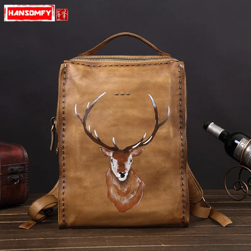 

HANSOMFY Men's Backpack Shoulder Bag Men Retro Leisure Travel Bag Genuine Leather Suede Leather Computer Backpack 14" Laptop Bag