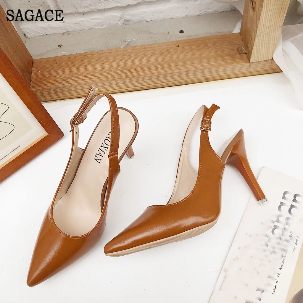 SAGACE/женские кожаные босоножки на высоком каблуке с острым носком и пряжкой