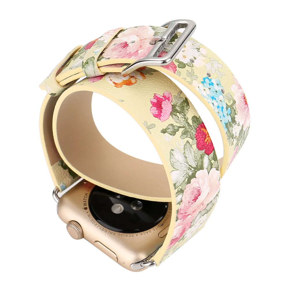 Двойной круг с цветочным принтом кожаный ремешок для Apple Watch Band 38 мм 42 Цветок