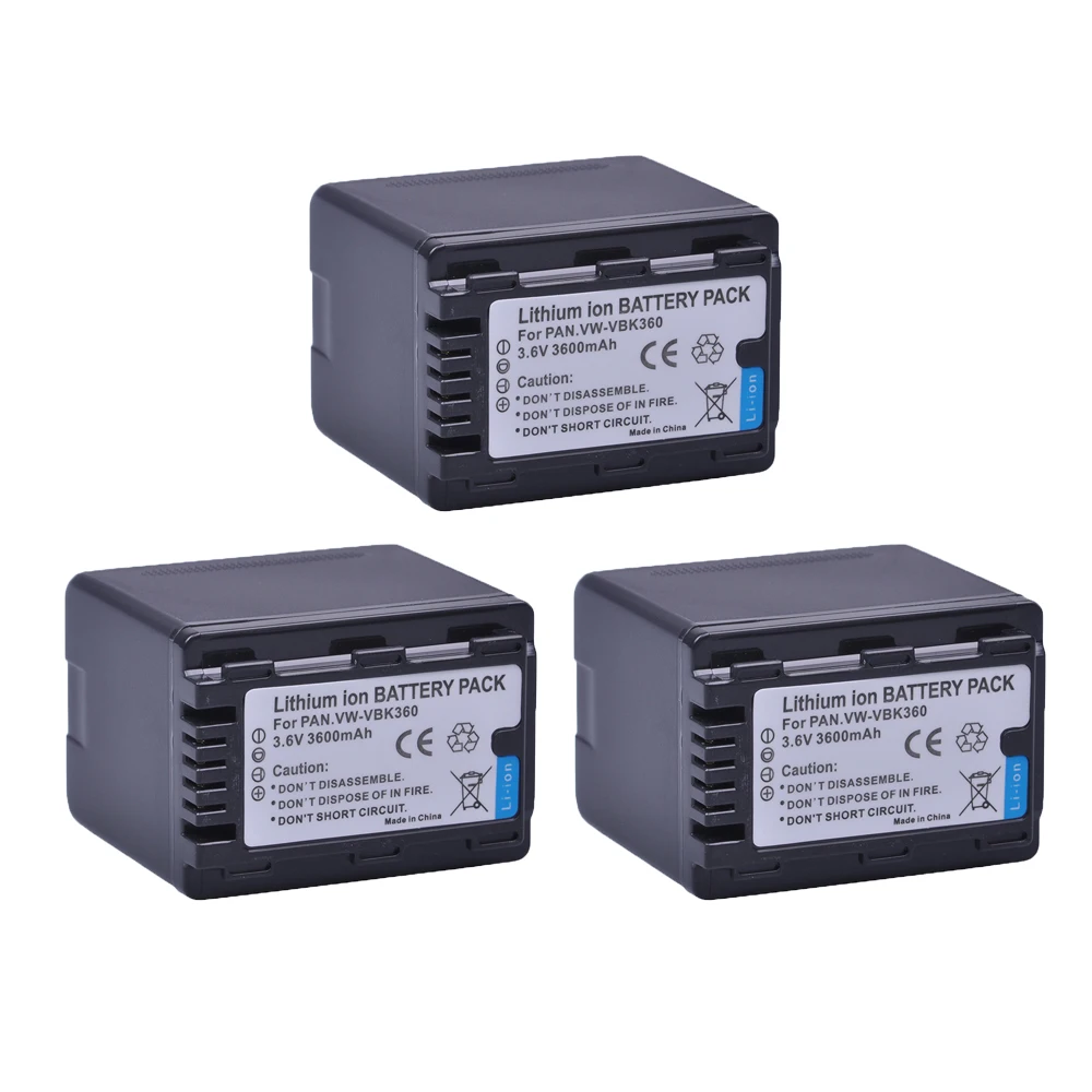 3 шт., Аккумулятор для камеры VW VBK360, VWVBK360, для Panasonic, VW-VBK360, SD40, SD60, SD80, SDX1, HDC-HS80 H85, H95, HS60, HS80, TM60