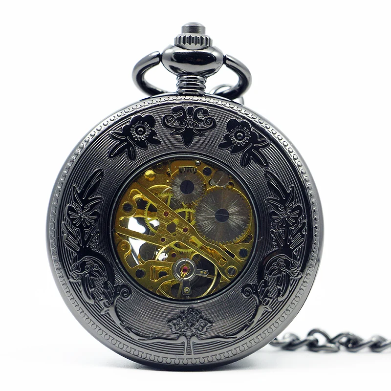 Black Flying Birds Playing Hollow Mechanical Pocket Watch Vintage Pendant Necklace Bracelet Steampunk Clock Gift
