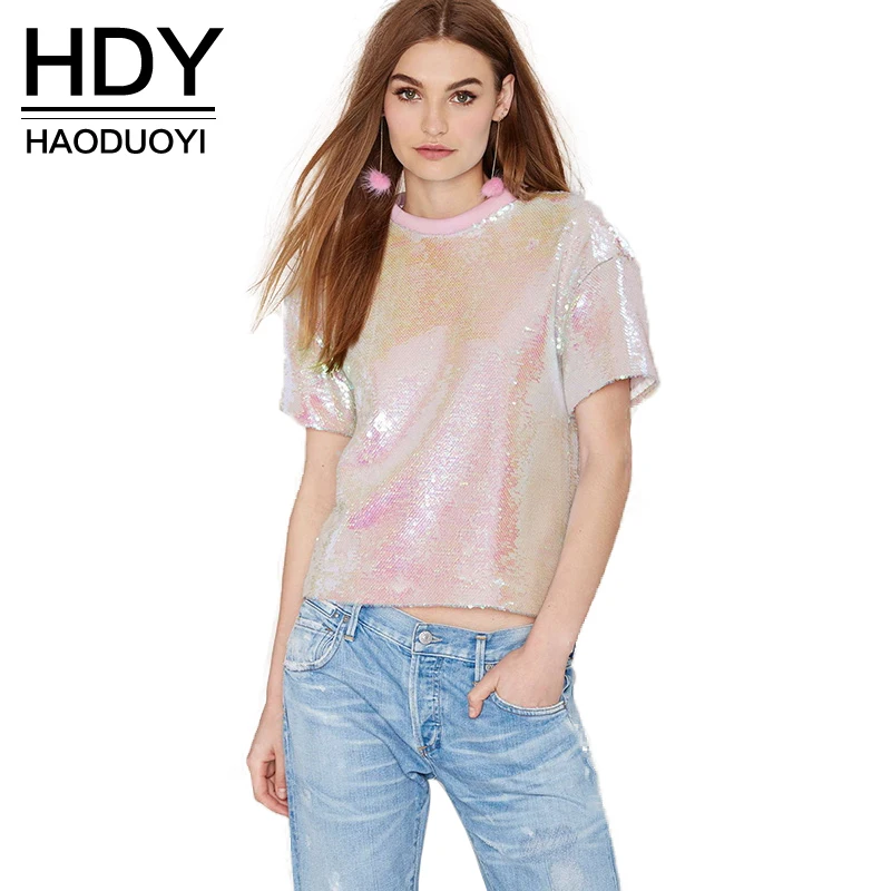 Футболка HDY Haoduoyi женская летняя с коротким рукавом расшитая блестками|fashion tees|t-shirt