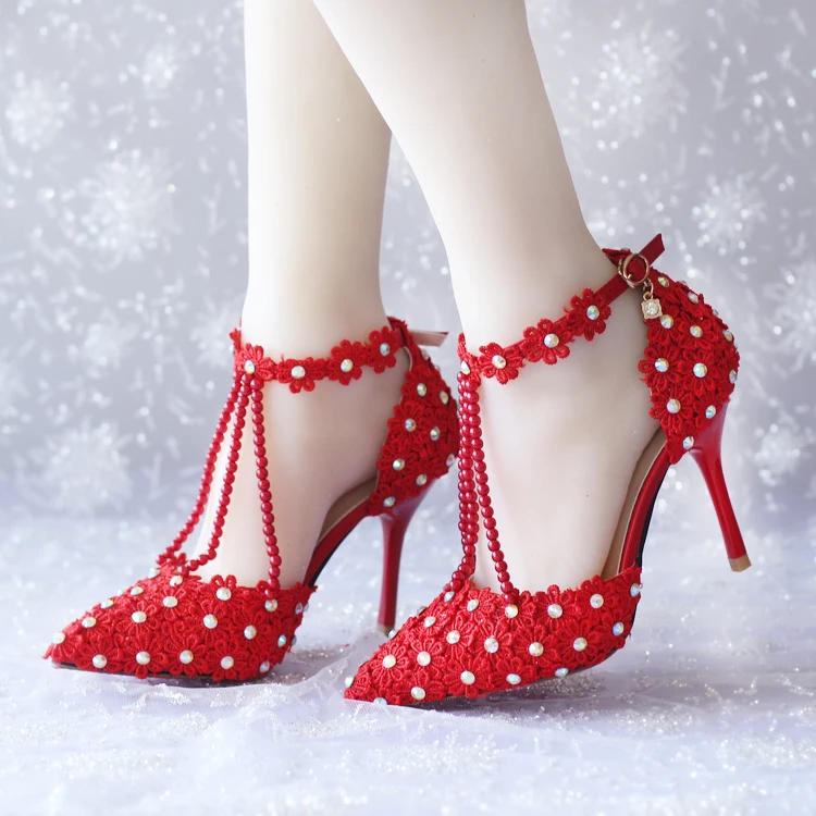 

2018 summer red lace pointed toe bridal shoes pearl rhinestone ultra high heels formal dress shoes female sandals thin heels