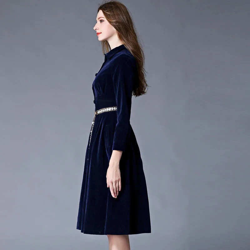 OL стиль женское зимнее синее вельветовое платье 2017 Vestido с длинным рукавом до