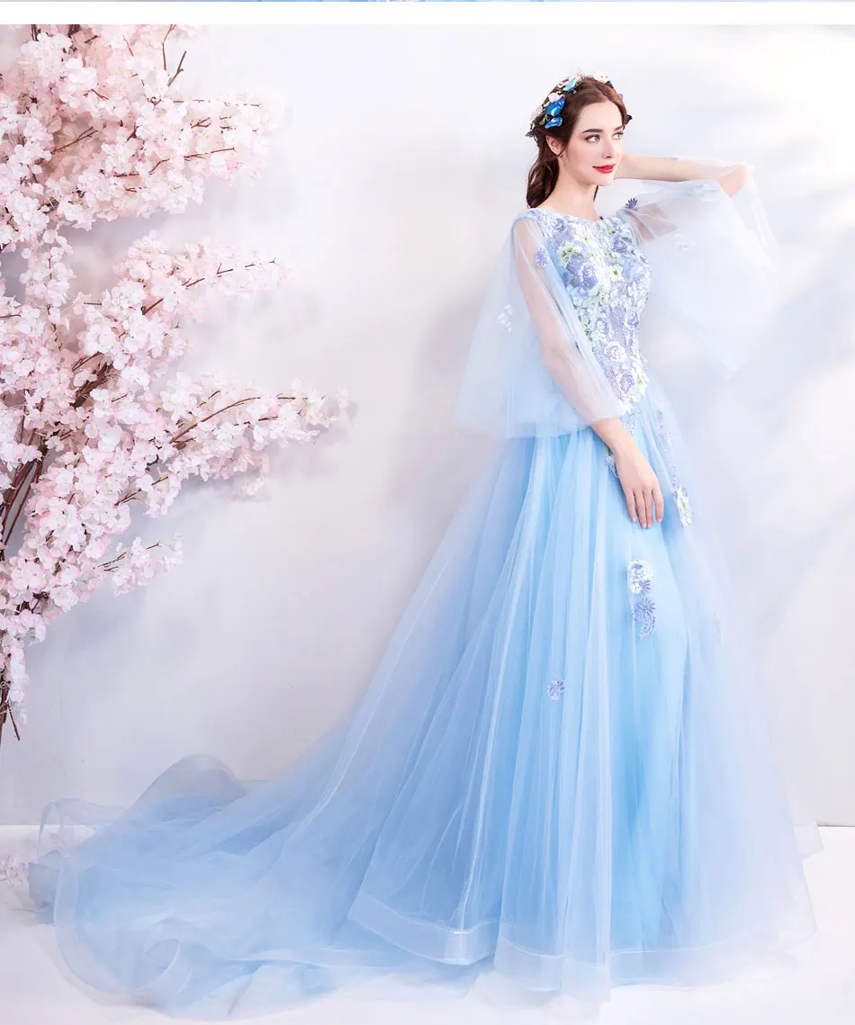 SSYFashion, новое романтическое кружевное платье для выпускного вечера, милое светло-синее платье с аппликацией и рукавом-бабочкой, длинное вечернее платье с коротким шлейфом