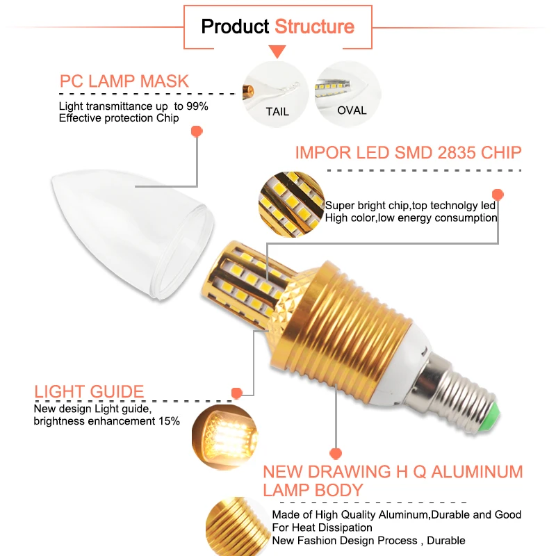 1Pcs/6Pcs LED Bulb E14 Golden Aluminum Candle 9W 12W Light AC 220V Warm Led Lamp Lampada Bombillas Lumiere Lampara | Лампы и освещение