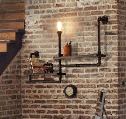 

Vintage Retro Loft Industrial Shelf Wood Wrought Iron Water Pipe Wall Light Edison E27 Wall Lamp Luminaria for Cafe Bar Home