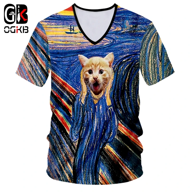 

OGKB Tshirt Men Deep V-neck Slim Fit 3D Tshirt Printing Starry sky cat Streetwear Oversized Garment Homme Dropshipping 2018