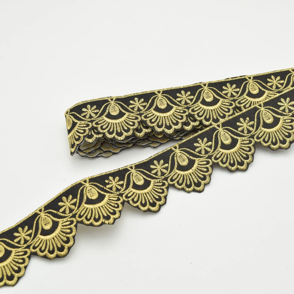 5 ярдов бархатная черная ткань кружевная отделка с золотой цветочной вышивкой