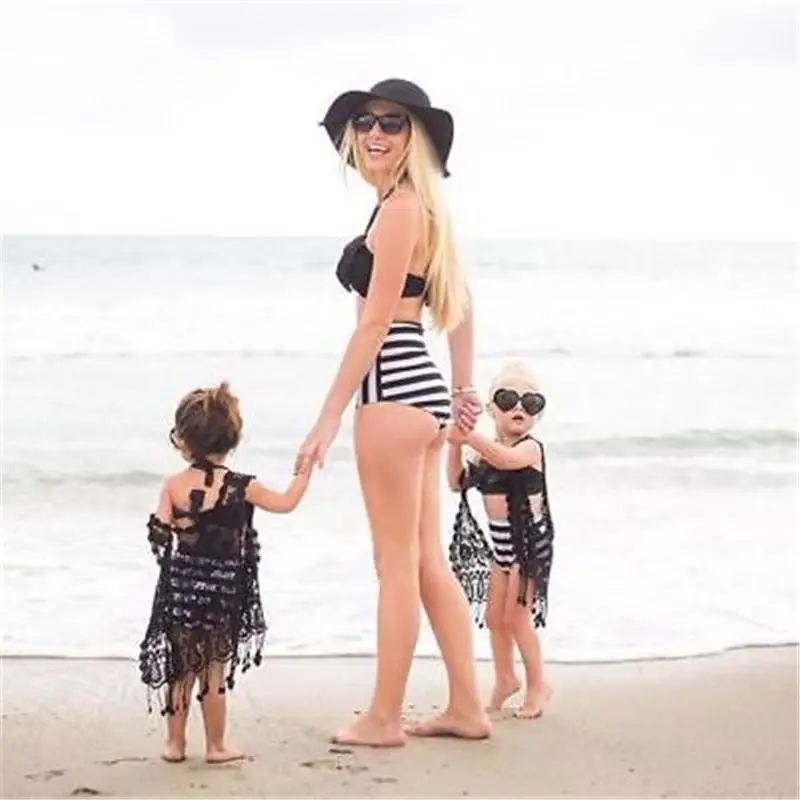 Mother Girls Matching 2Pcs Halter Swimsuit Little Kids Girl Women Palm Leaves Stripes Swimwear Bandeaukini Bikini Set | Мать и ребенок