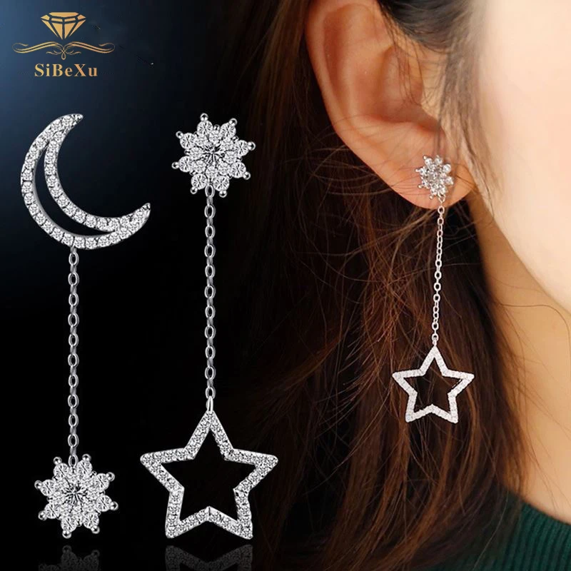 Модные висячие серьги со стразами 925 серебро с кристаллами Swarovski Звезда Луна