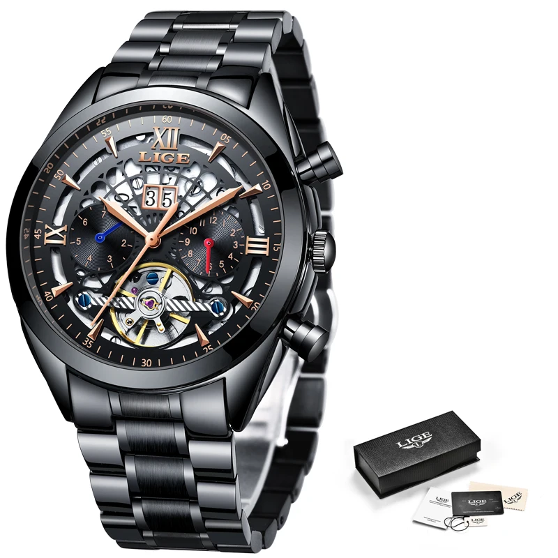 

LIGE New Mens Watches Top Brand Luxury Men's Tourbillon Mechanical Watch Men Fashion Business Waterproof Watch Relogio Masculino