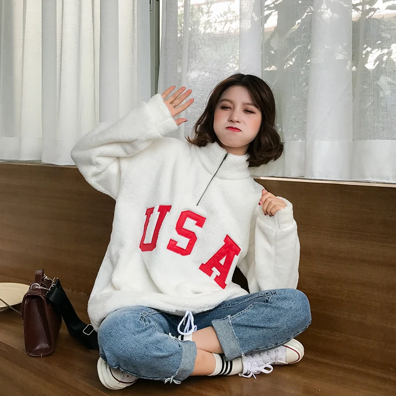 2017 New Fashion Winter Warm College Wind Turtle Neck Letter Embroidered Female Long Sleeve Tops | Женская одежда