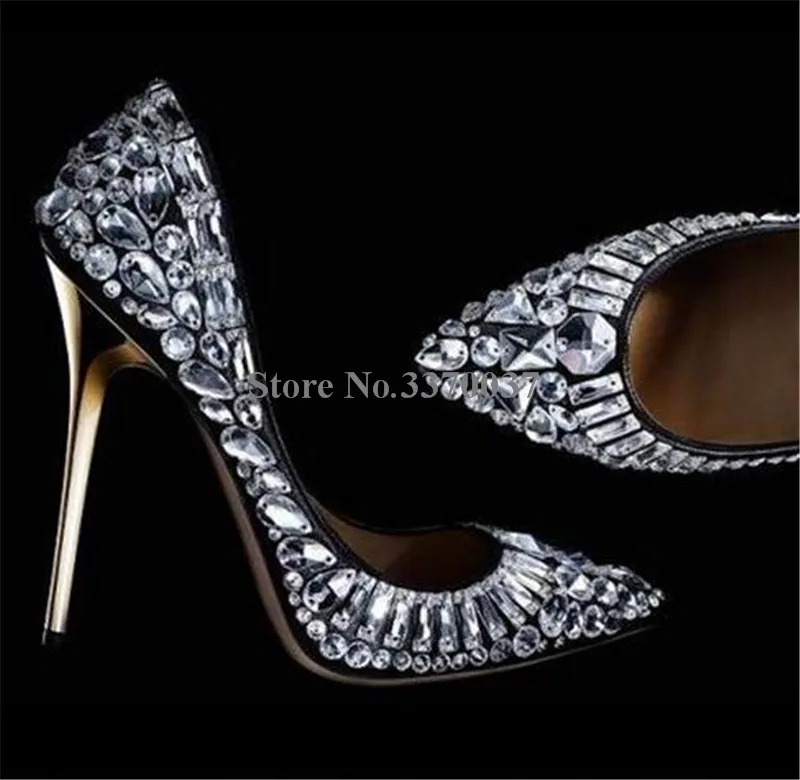 Для женщин фирменный дизайн; острый носок Bling Стразы шпильки туфли-лодочки на каблуке белого и черного цвета с украшением в виде кристаллов Свадебные туфли на высоком каблуке