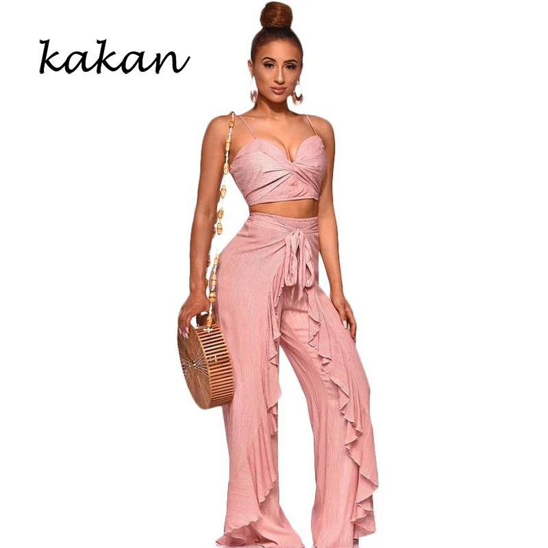 

Kakan spring new women's jumpsuit two-piece casual female wide-leg pants suit stitching backless ruffled jumpsuit