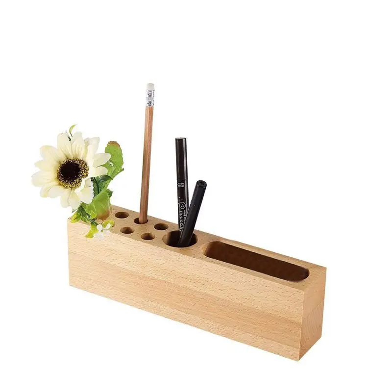 wood Office Supplies Desktop Storage Box Stationery Solid Wood Pen Holders,Mobile Phone Stand Wood Pen Stand 10 Slots Desk Organize - Color: wood