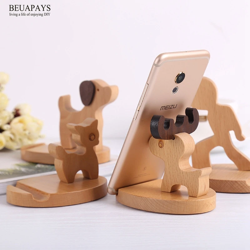 12pcs Wood Crafts Solid wood desktop bedside gift Personal Tailor Customized mobile phone bracket Beech deer mobile phone sloth